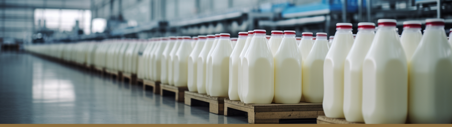 Milk cartons neatly stacked on palettes in a food and beverage manufacturing plant, as featured in a customer testimonial for Oberweis.