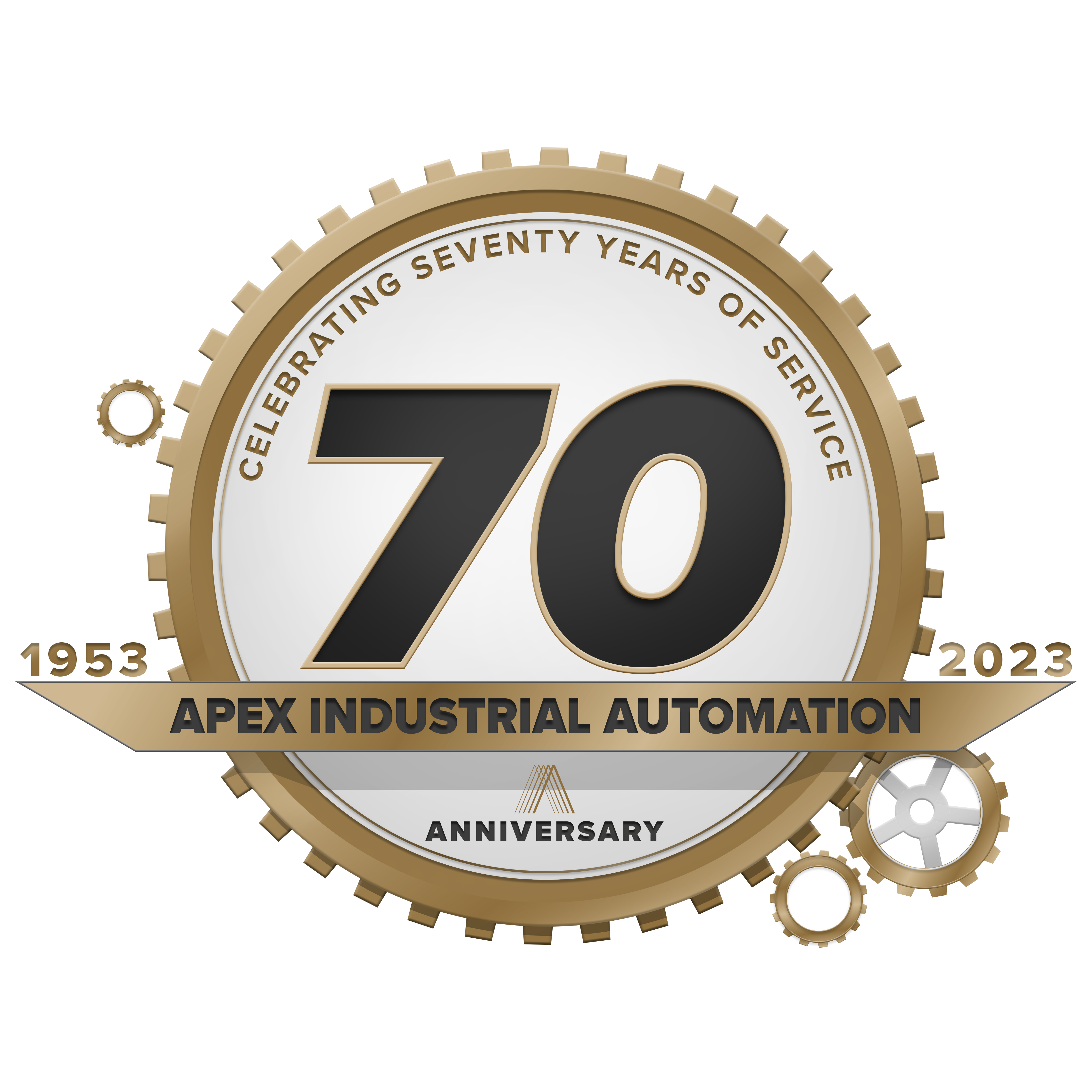 Illustrated logo of Apex Industrial Automation celebrating seventy years of service, featuring gold gears, and a 1953-2023 anniversary badge.