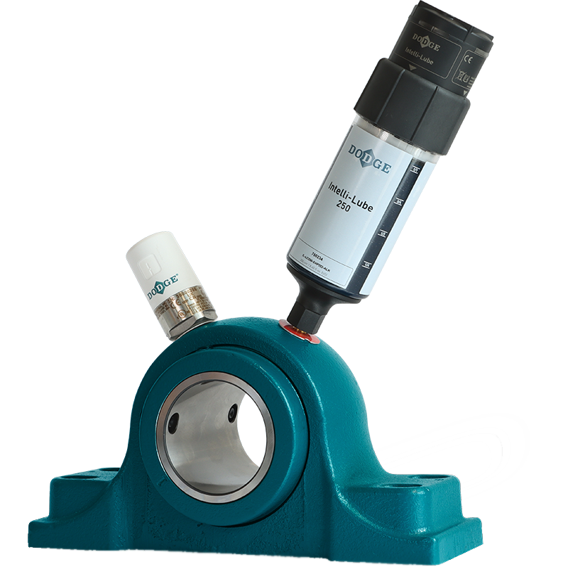 Dodge OPTIFY Intelli-Lube sensor and Performance Monitor Sensor installed in a Dodge bearing housing, featured in Apex Industrial Automation marketing materials.
