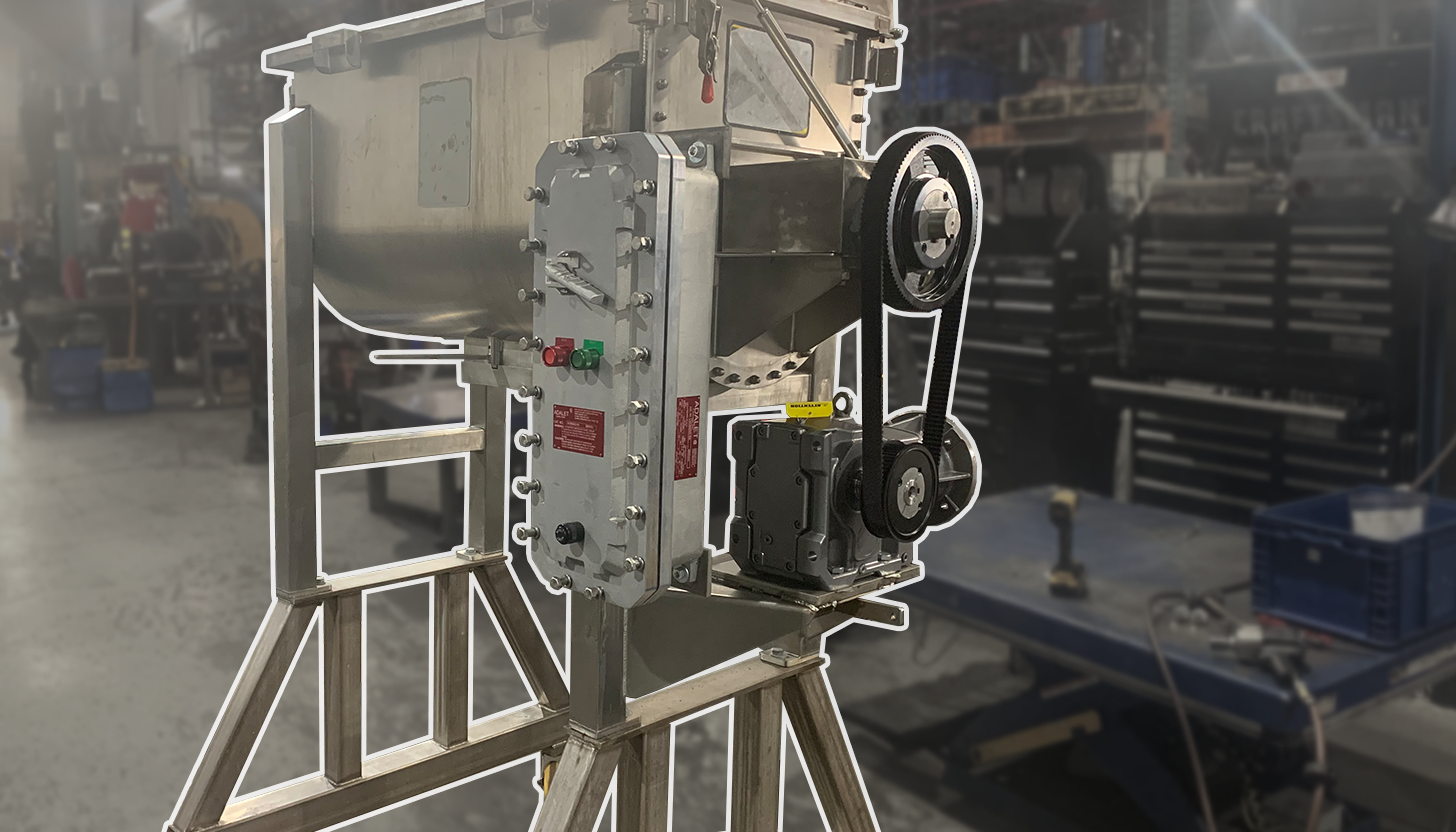Fully upgraded custom industrial blender at Apex Industrial Automation with new gearboxes, UL 698A NRBX certified explosion-proof control panel, and laser-aligned belting system