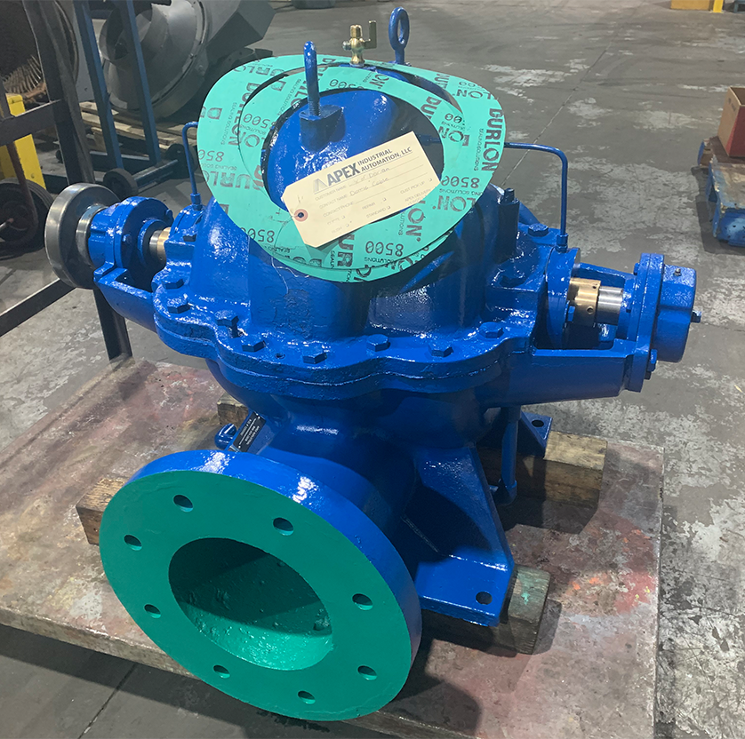 Repaired and repainted blue water tower pump at Apex Industrial Automation, ready for delivery back to a village in Wisconsin.