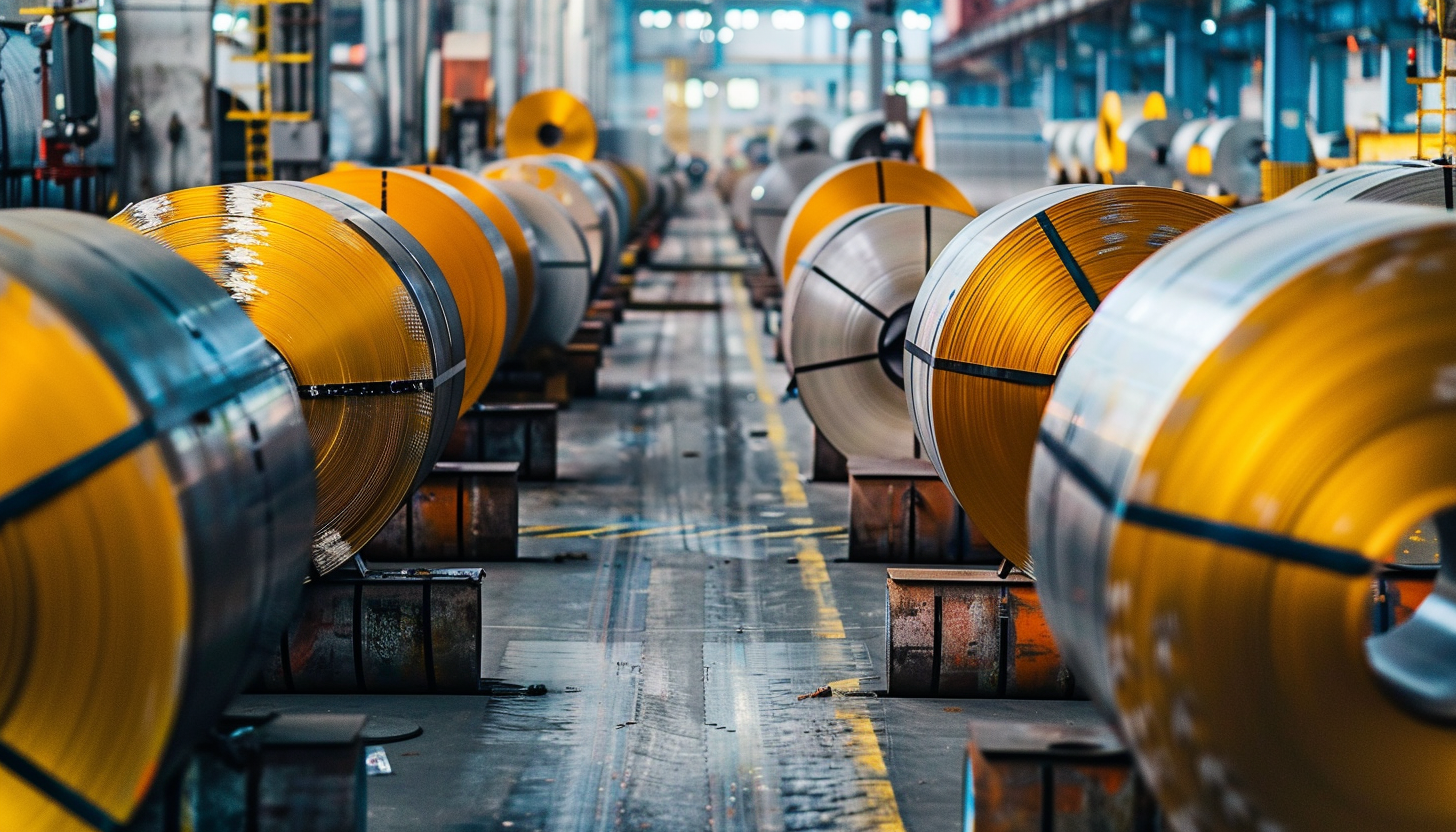Heavy gauge steel coil ready for distribution at MD Metals, Inc.'s metal manufacturing plant.