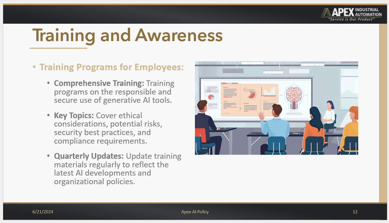Screenshot of Apex Industrial Automation’s AI policy presentation slide, illustrating a class on responsible AI use.